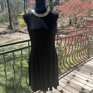 Kay Unger Black Midi Halter Dress with Crystal Collar. Size 10.